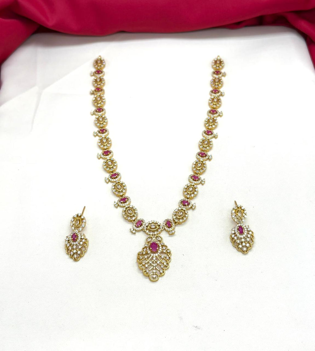 Matte finishing Pink Leaf Designed with stones Long Necklace