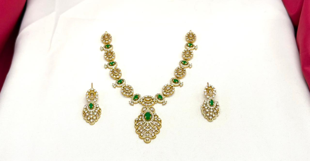 Matte finishing Green Leaf Designed with stones Short Necklace