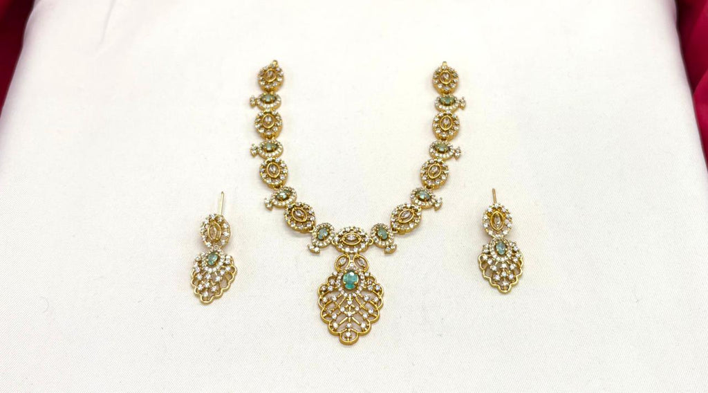 Matte finishing Mint-Green Leaf Designed with stones Short Necklace