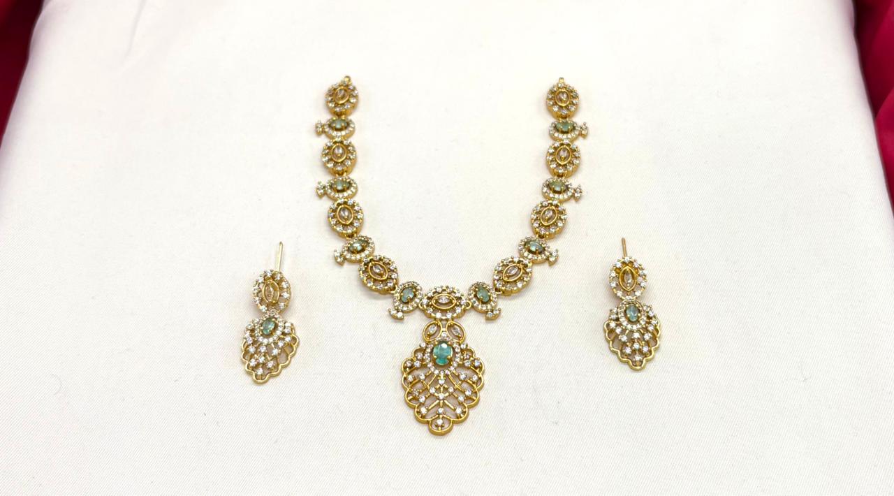 Matte finishing Mint-Green Leaf Designed with stones Short Necklace
