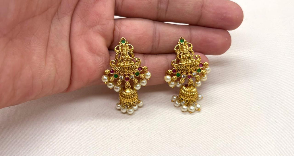 Matte finishing lord Lakshmi with white stones long Haram