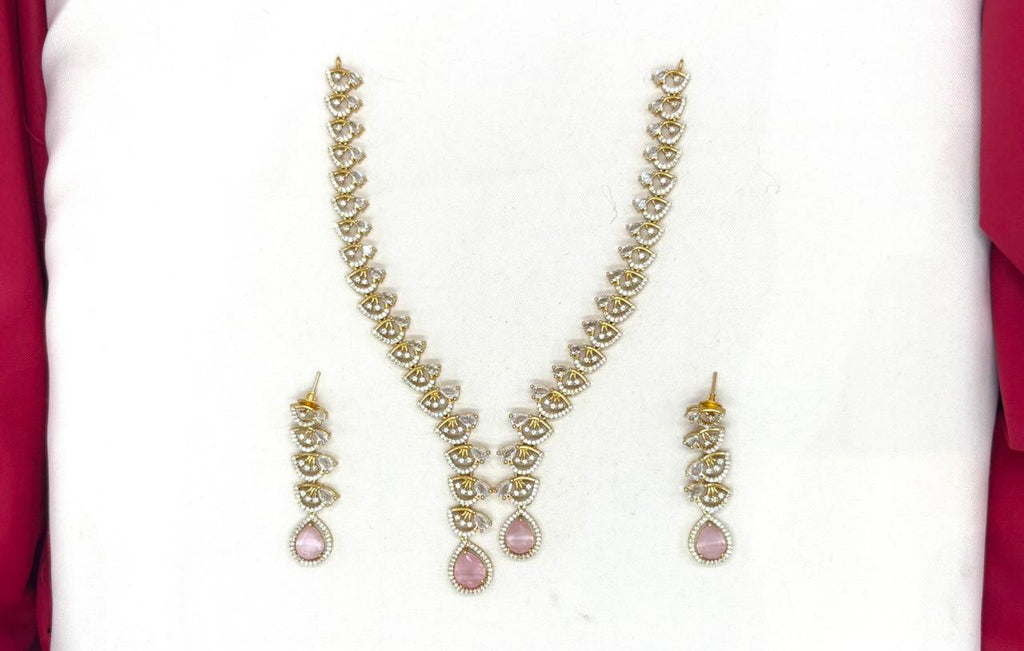 Emerald polki Baby-Pink with American Diamond Drop Short Necklace