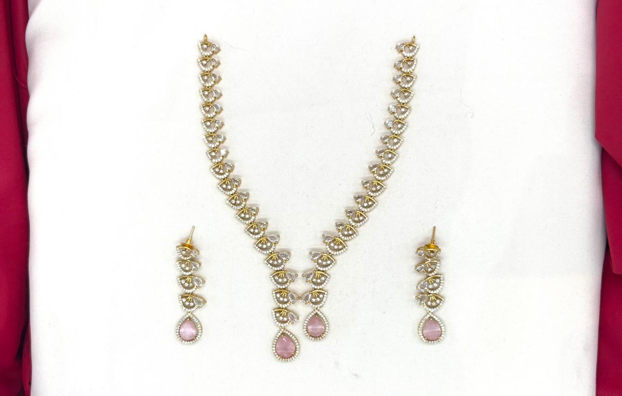 Emerald polki Baby-Pink with American Diamond Drop Short Necklace