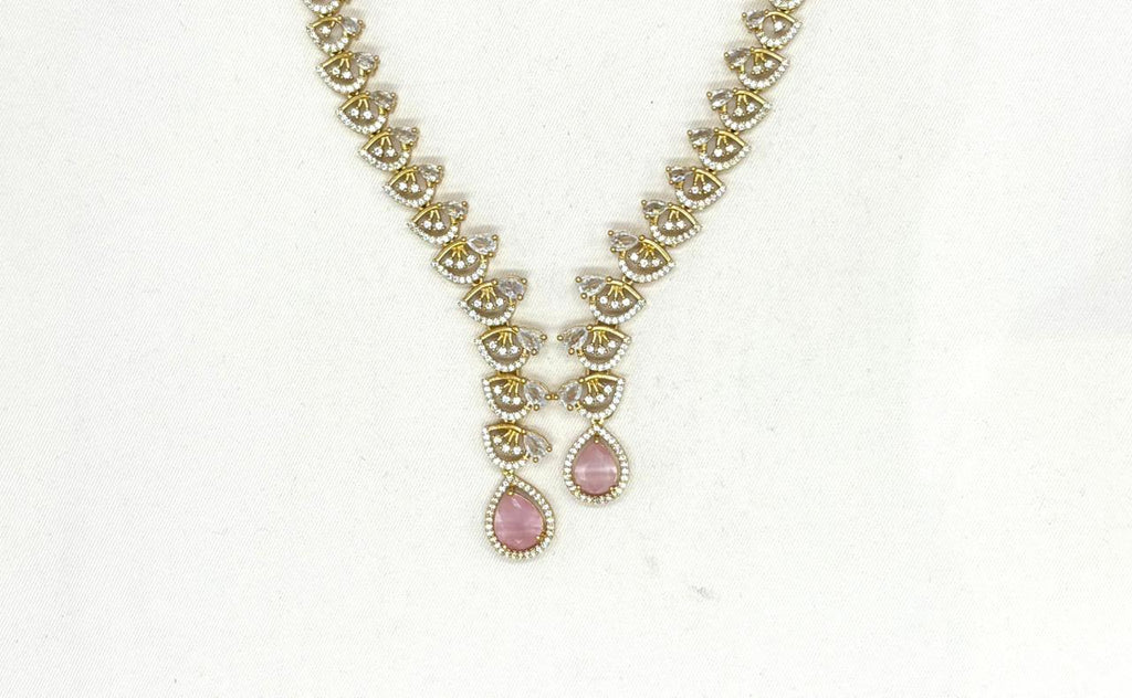 Emerald polki Baby-Pink with American Diamond Drop Short Necklace
