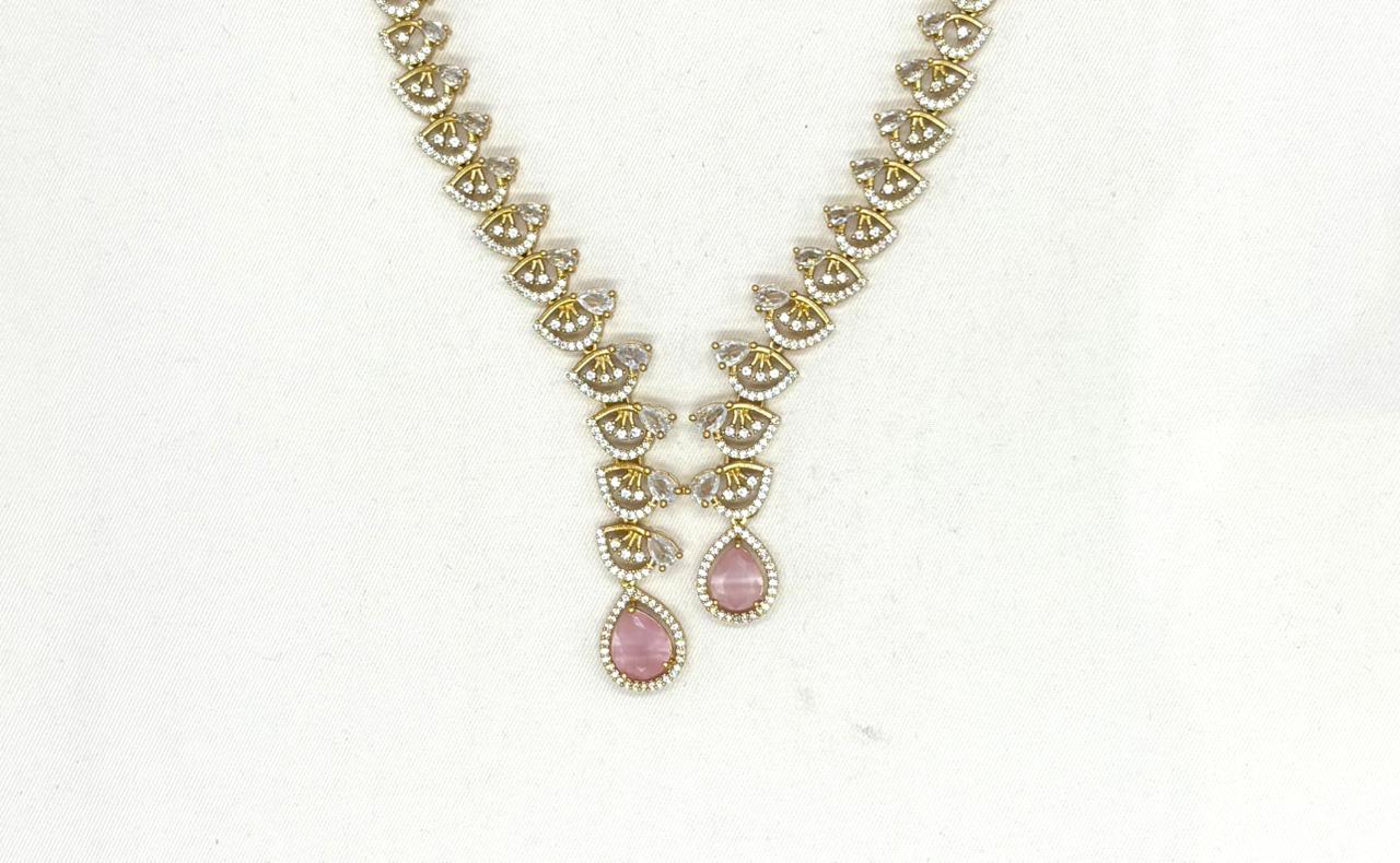 Emerald polki Baby-Pink with American Diamond Drop Short Necklace
