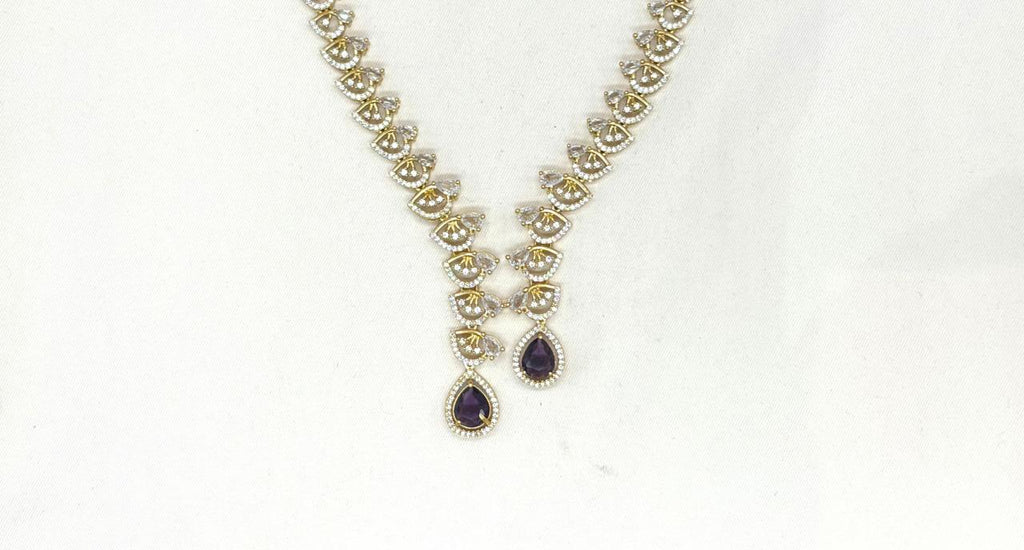 Emerald polki Purple with American Diamond Drop Short Necklace