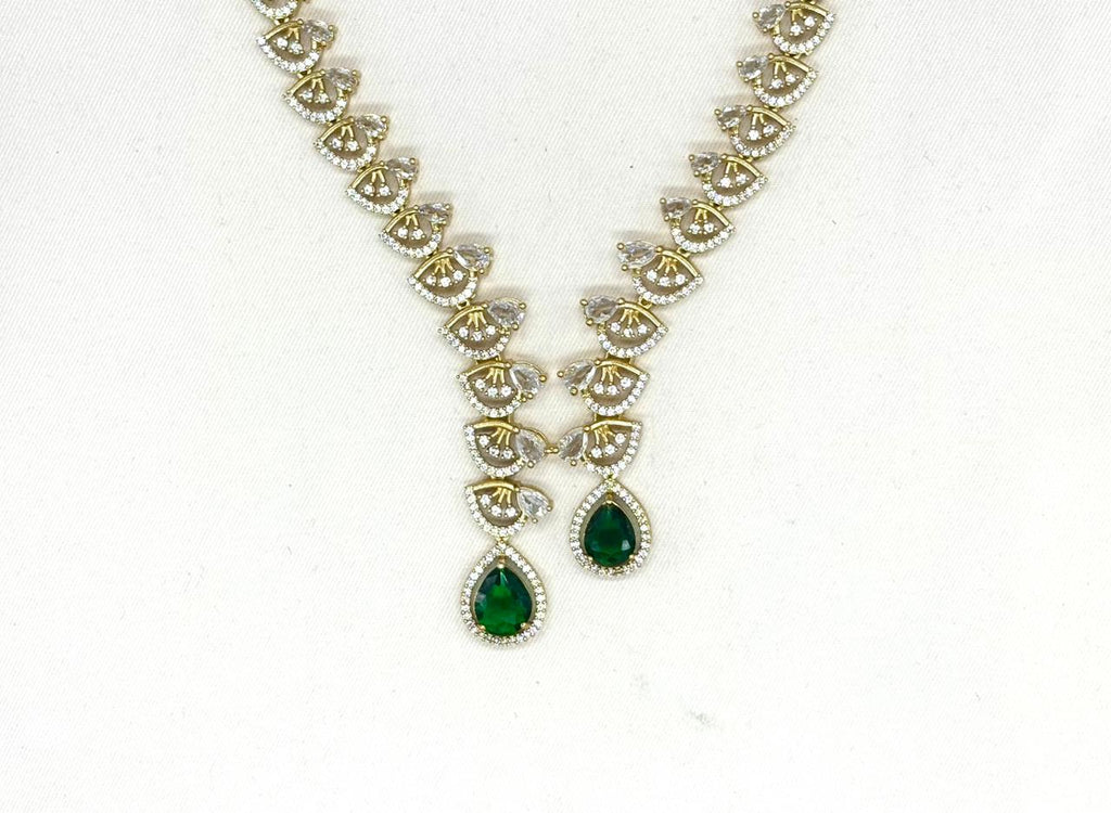 Emerald polki Green with American Diamond Drop Short Necklace