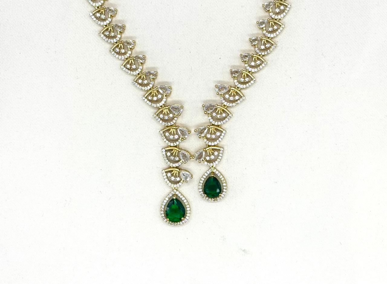 Emerald polki Green with American Diamond Drop Short Necklace