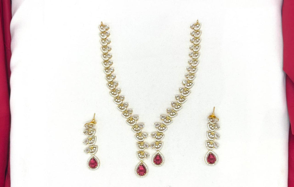 Emerald polki Red with American Diamond Drop Short Necklace