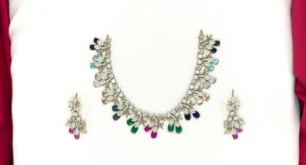 Mehndi finishing Leaf Designed Multi -Stones Short Necklace