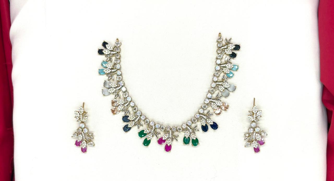 Mehndi finishing Leaf Designed Multi -Stones Short Necklace