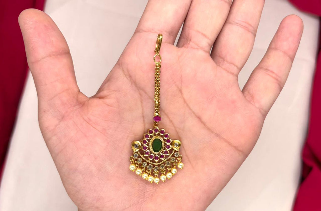 matte finishing pink stones and pearl drop Maang Tikka