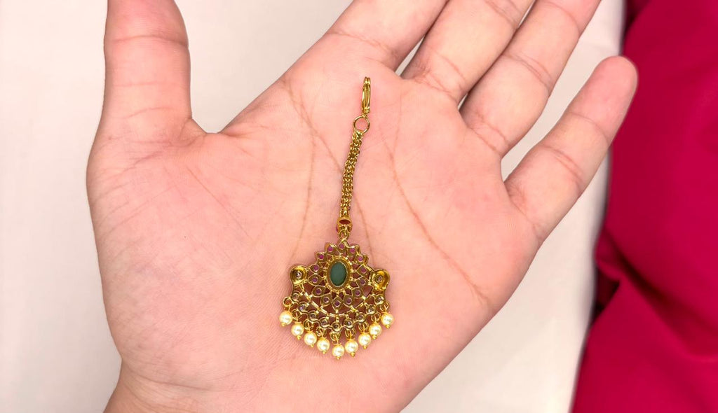 matte finishing pink stones and pearl drop Maang Tikka