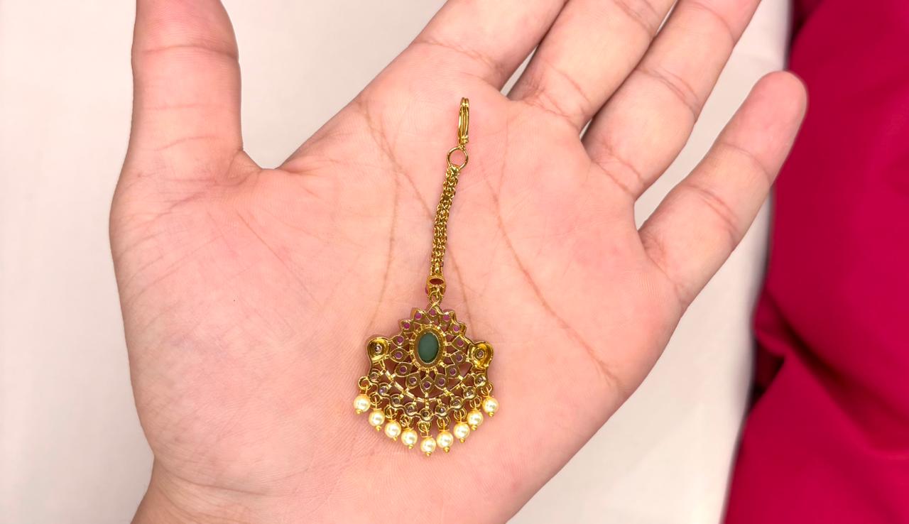 matte finishing pink stones and pearl drop Maang Tikka