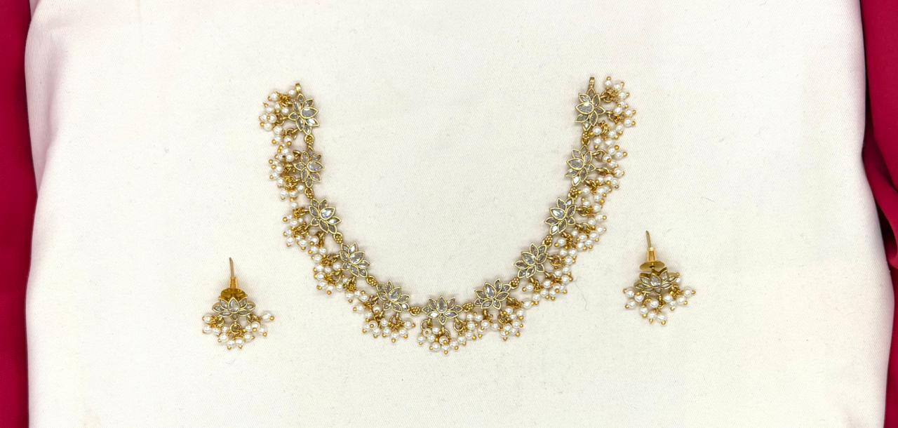 White stones Lotus with pearls Short Necklace