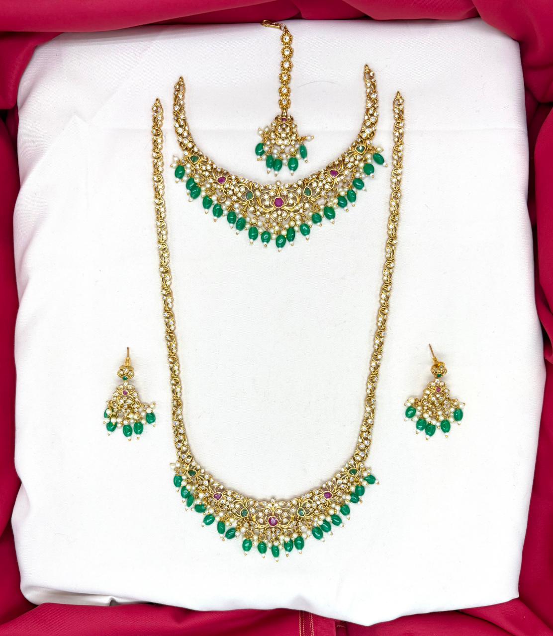 Matte finishing floral with Green monalisa beads Combo-set