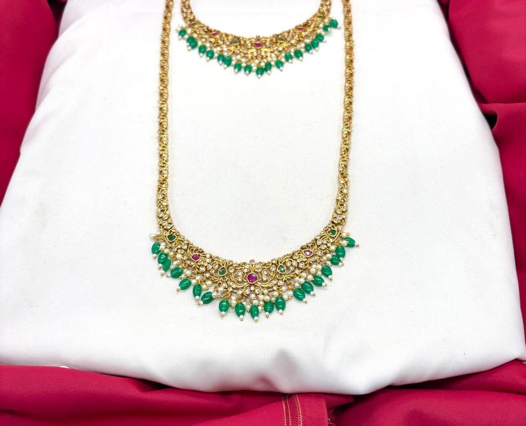 Matte finishing floral with Green monalisa beads Combo-set