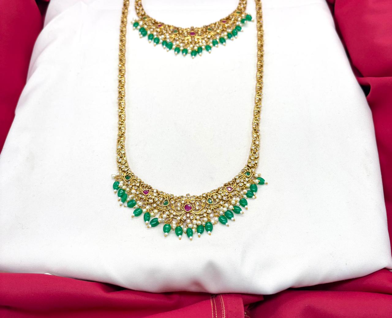 Matte finishing floral with Green monalisa beads Combo-set