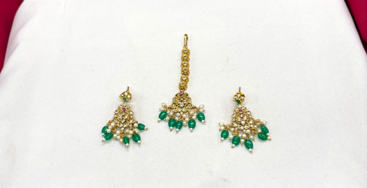 Matte finishing floral with Green monalisa beads Combo-set
