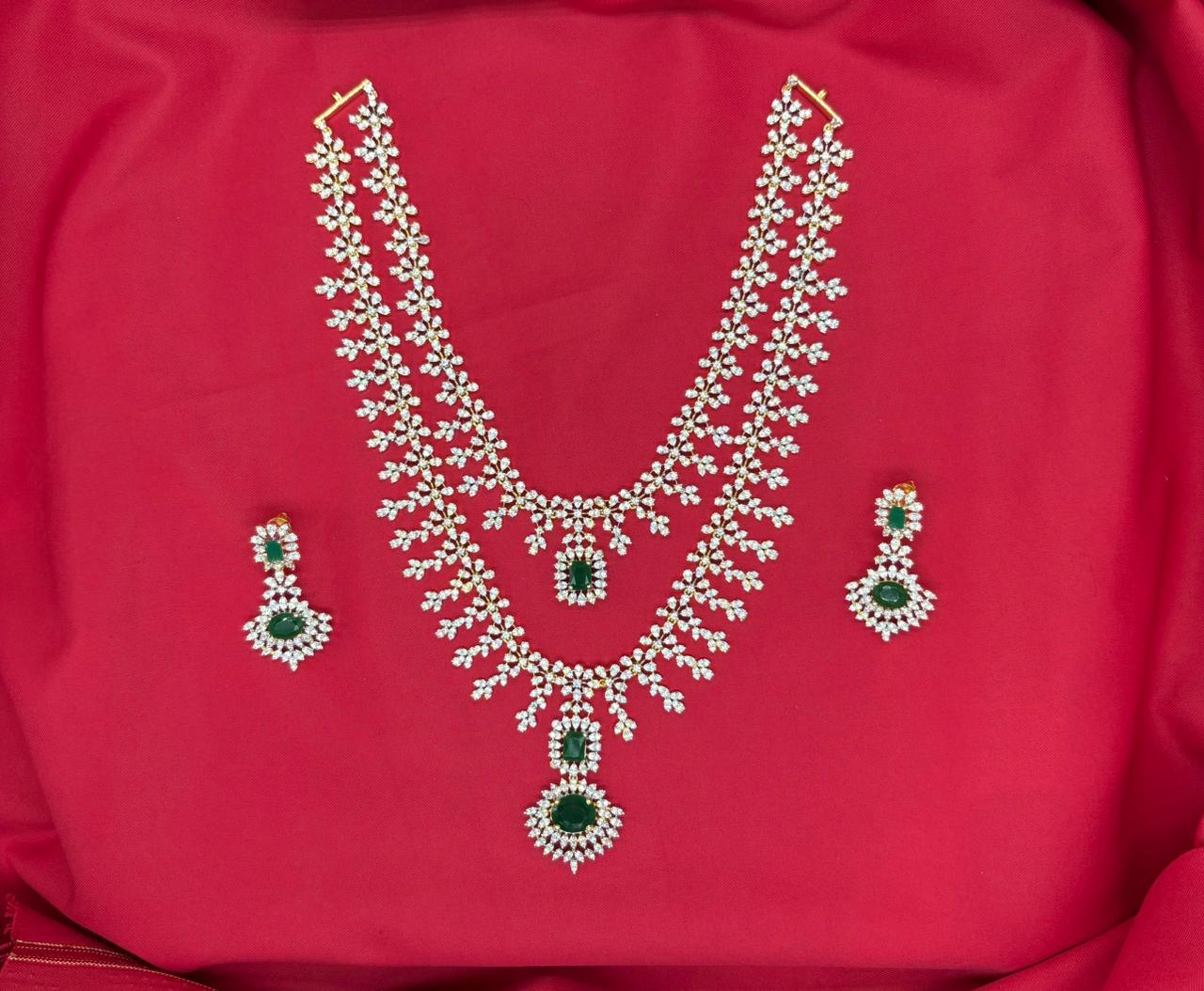 G.J polish American Diamond With Green stone Necklace