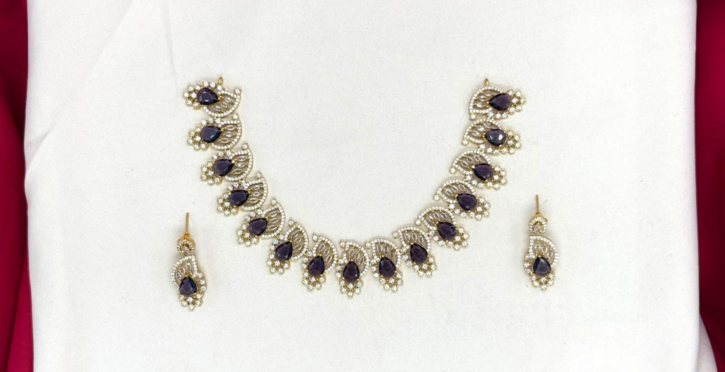 matte finishing American diamond and purple stone short Necklace