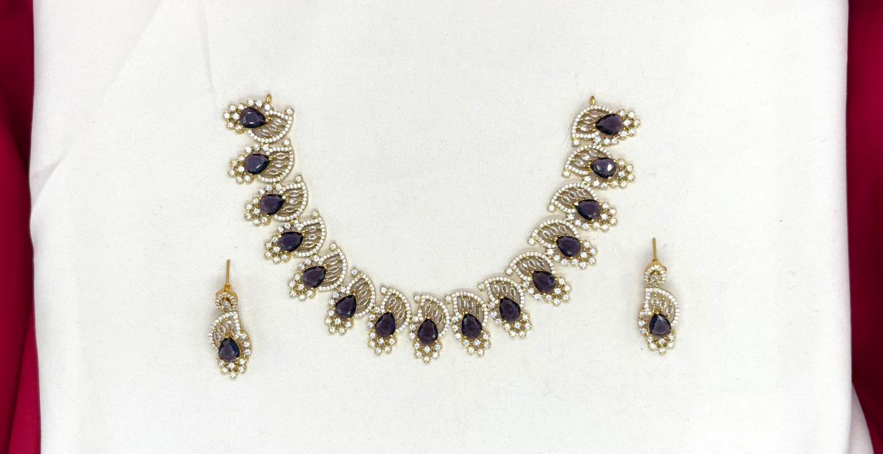 matte finishing American diamond and purple stone short Necklace
