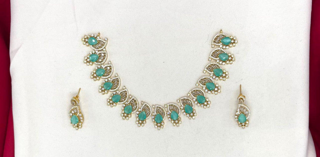 matte finishing American diamond and Mint-green stone short Necklace