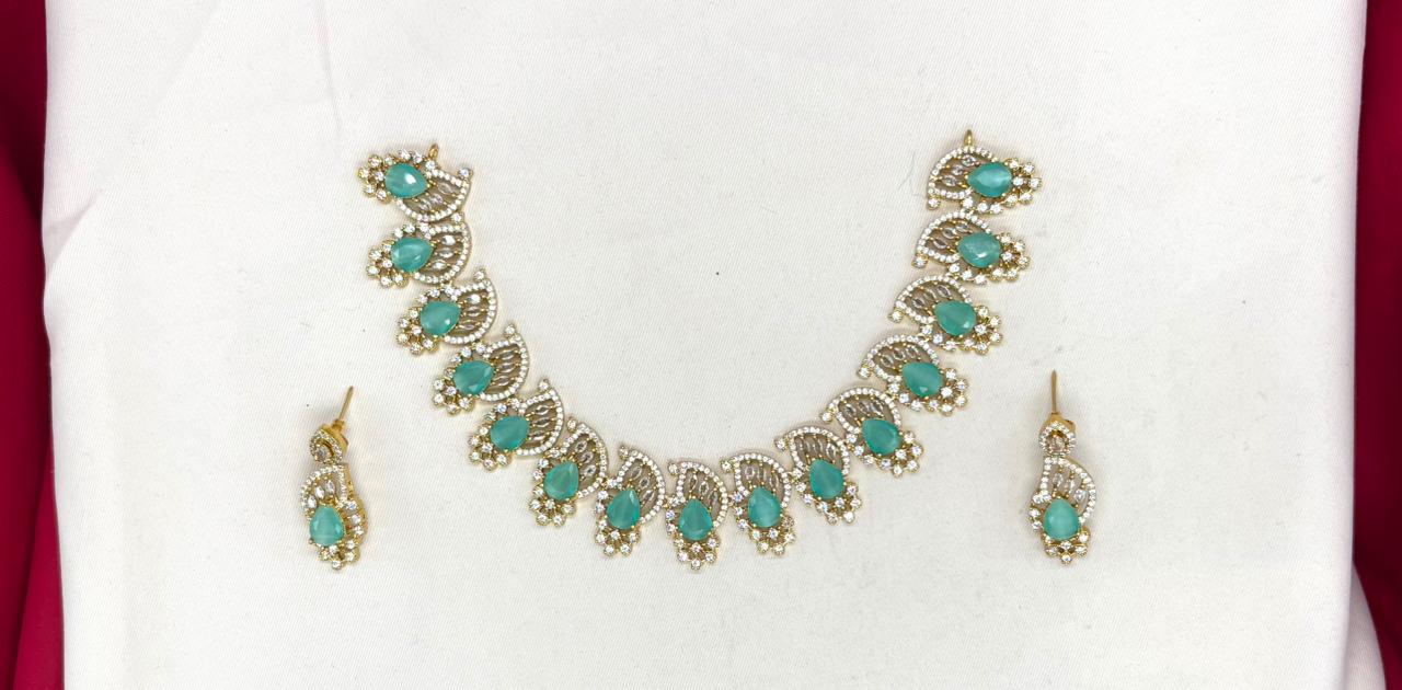 matte finishing American diamond and Mint-green stone short Necklace