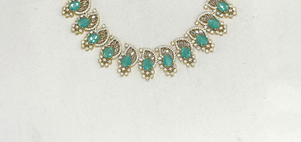 matte finishing American diamond and Mint-green stone short Necklace