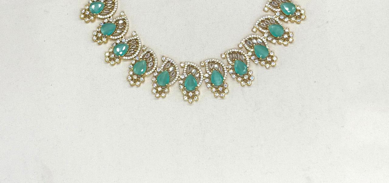 matte finishing American diamond and Mint-green stone short Necklace