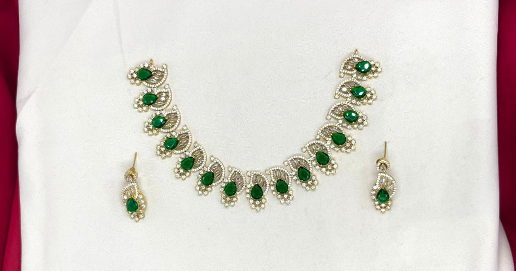 matte finishing American diamond and Green stone short Necklace