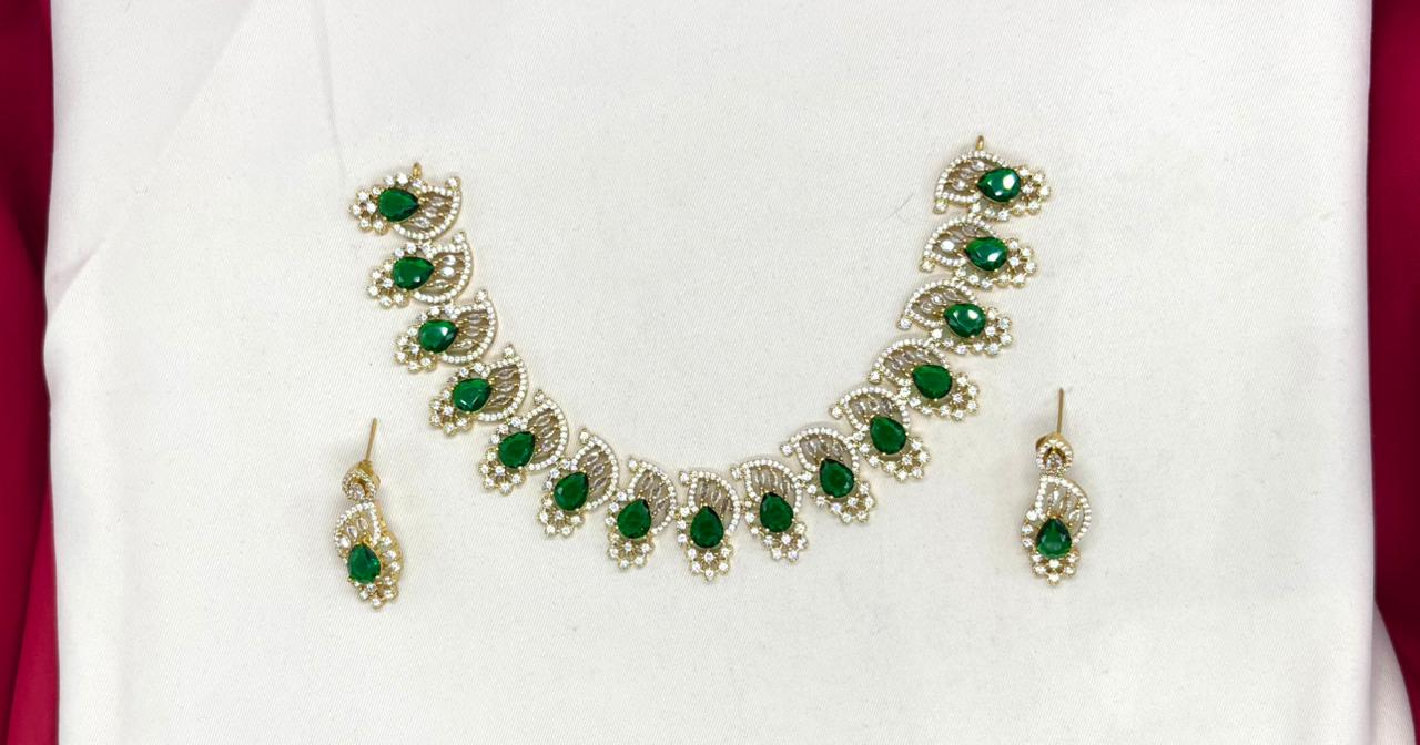 matte finishing American diamond and Green stone short Necklace