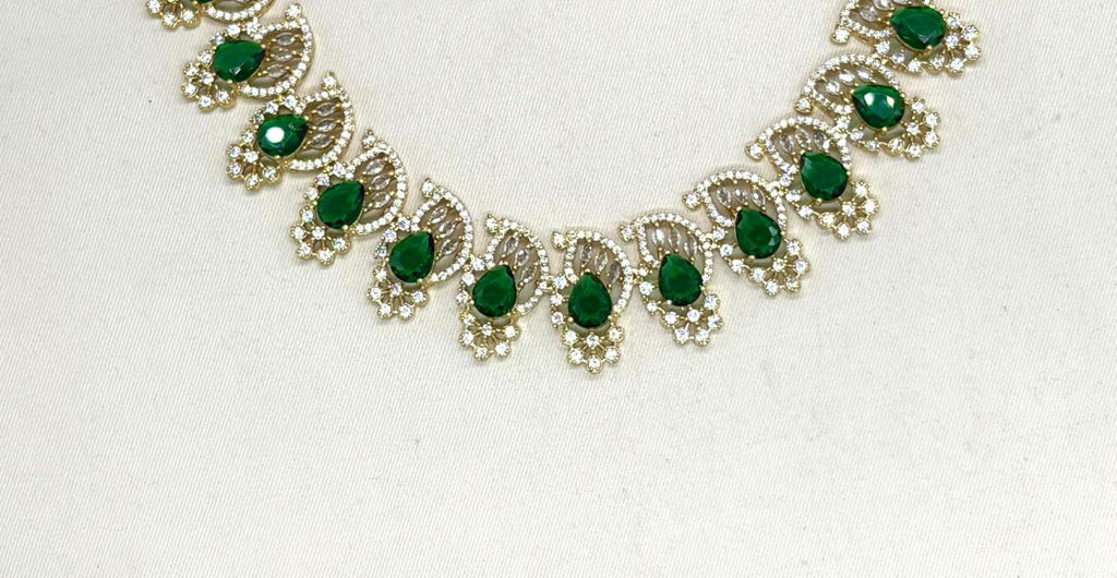 matte finishing American diamond and Green stone short Necklace