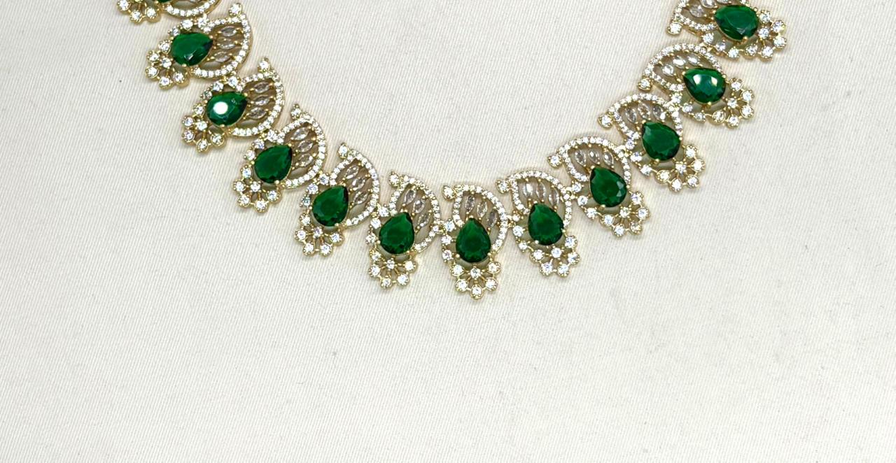 matte finishing American diamond and Green stone short Necklace
