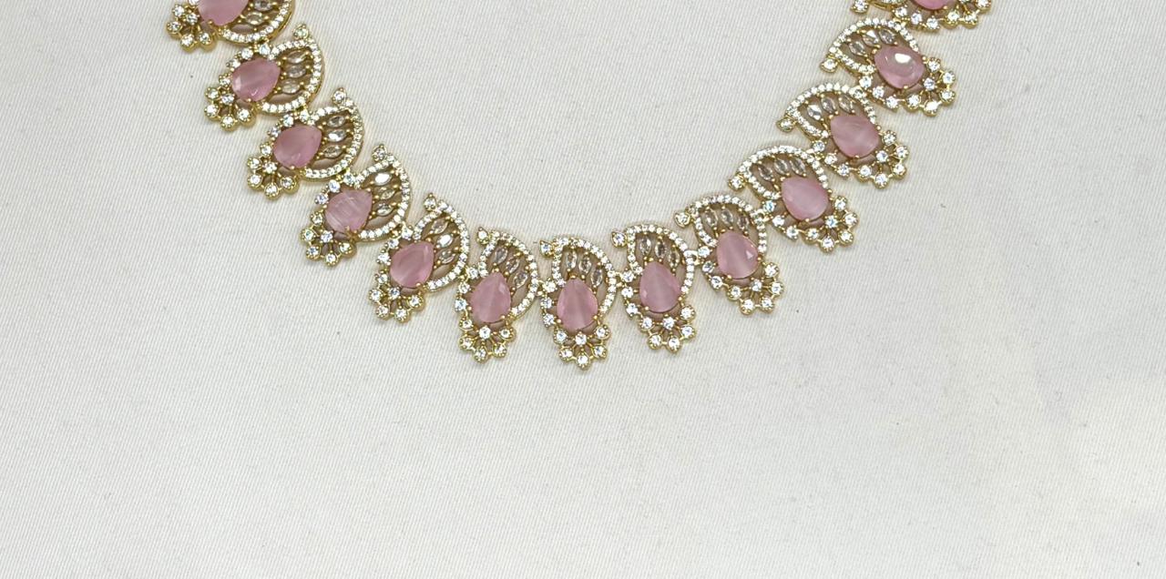 matte finishing American diamond and Bbay-pink stone short Necklace