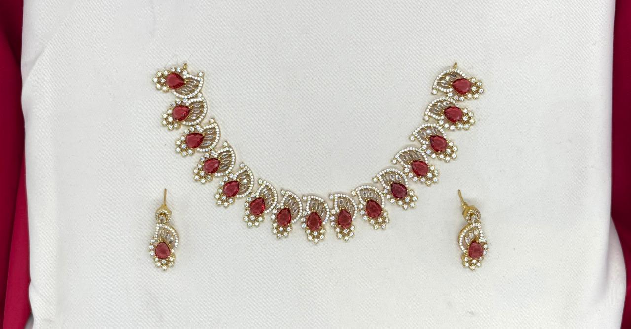 matte finishing American diamond and Red stone short Necklace