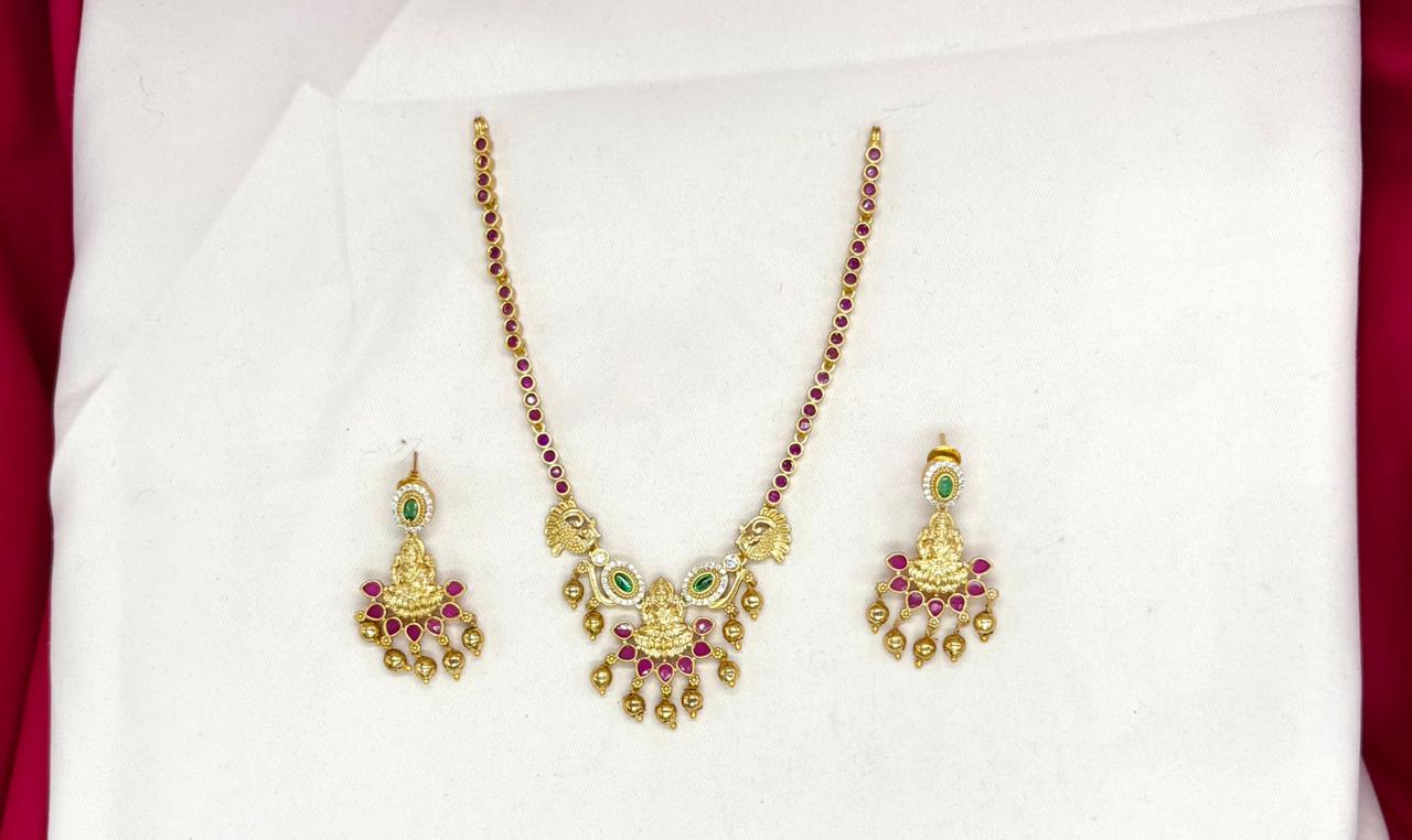Matte finishing with lord Lakshmi Pink stones Short Necklace