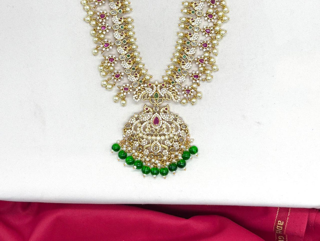 Matte finishing Peacock designed with white pearls Long Necklace