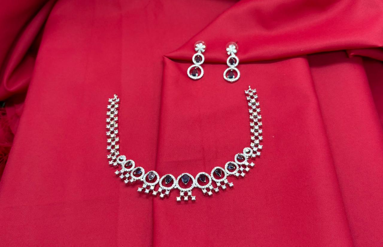 Rhodium Silver American Diamond with Purple Stone Short Necklace