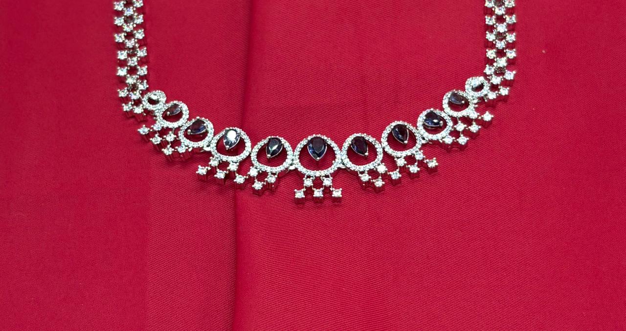 Rhodium Silver American Diamond with Purple Stone Short Necklace