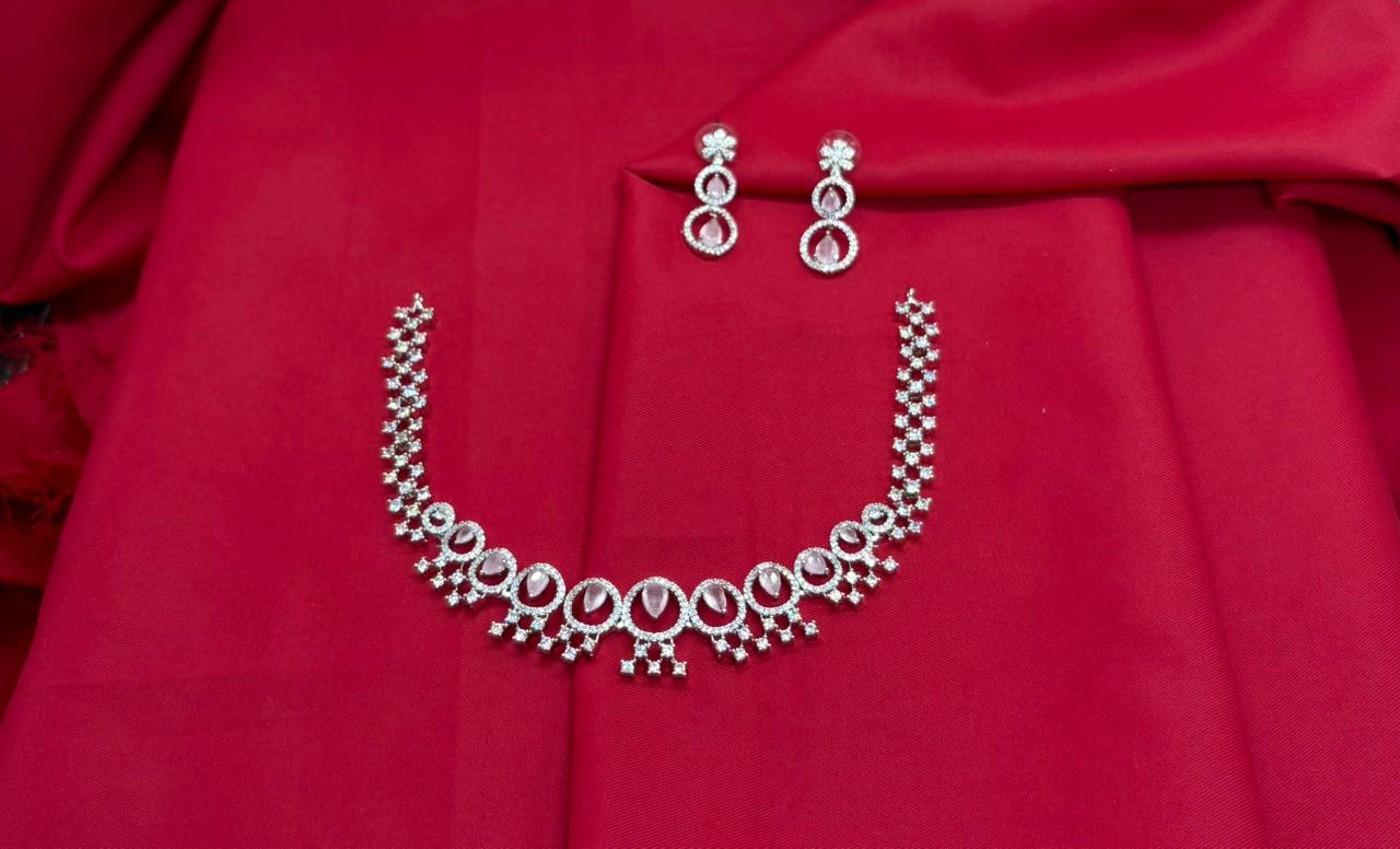 Rhodium Silver American Diamond with Baby-Pink Stone Short Necklace