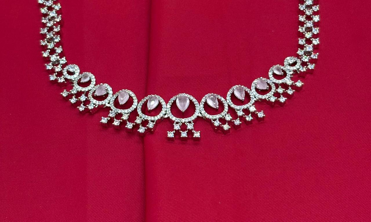 Rhodium Silver American Diamond with Baby-Pink Stone Short Necklace