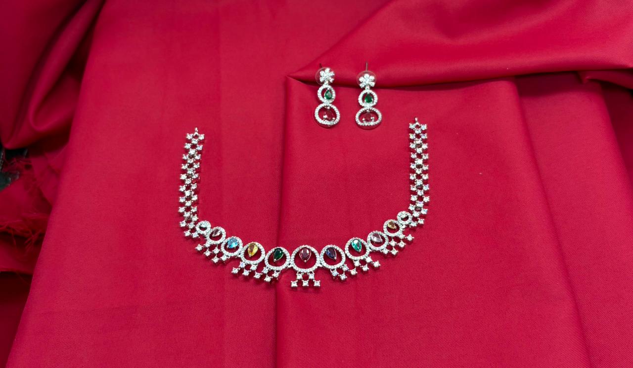 Rhodium Silver American Diamond with Multi-Stone Short Necklace
