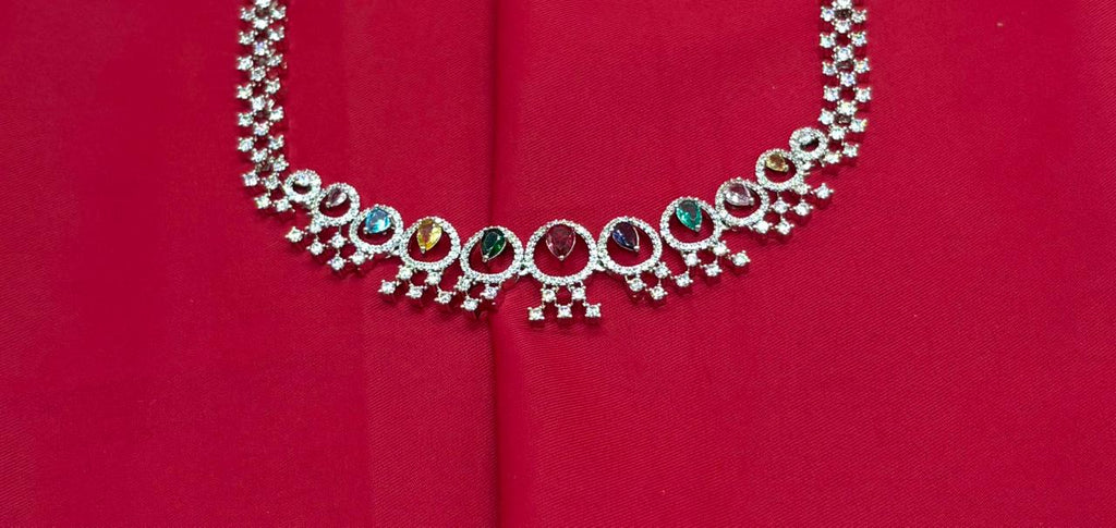 Rhodium Silver American Diamond with Multi-Stone Short Necklace