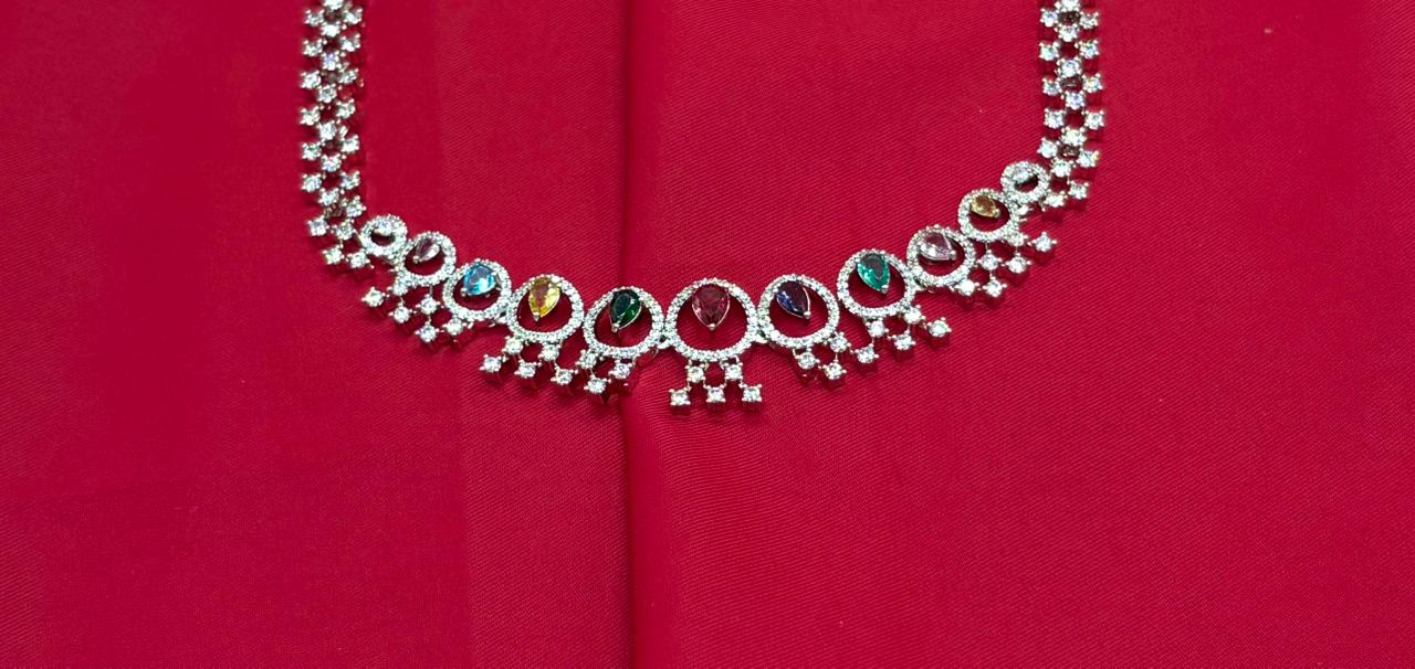 Rhodium Silver American Diamond with Multi-Stone Short Necklace