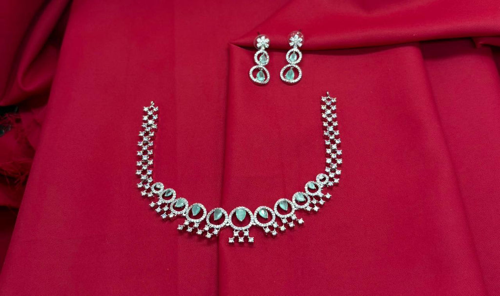 Rhodium Silver American Diamond with Mint-Green Short Necklace