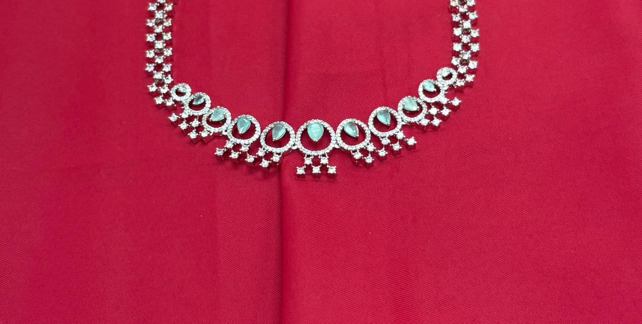 Rhodium Silver American Diamond with Mint-Green Short Necklace