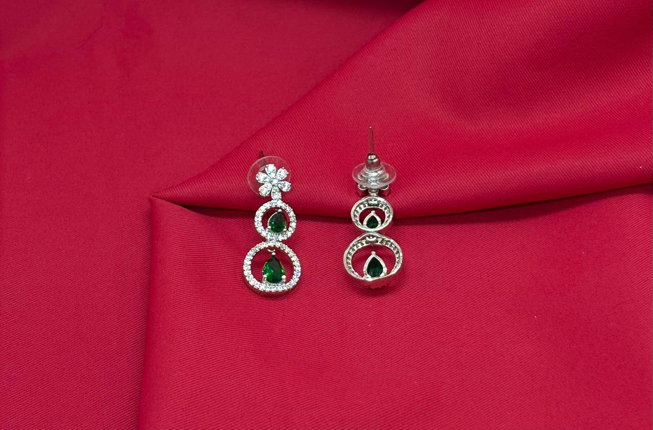 Rhodium Silver American Diamond with Green Short Necklace
