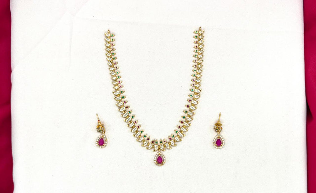 Matte finishing American Diamond with Pink Stone Short Necklace