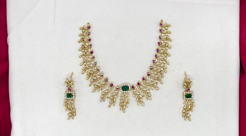 Matte finishing Leaf Feathery Multi Color CZ Stones Short Necklace